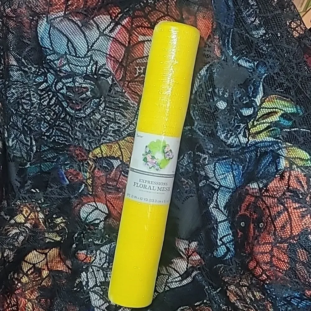 Floral Deco Mesh Roll - Yellow with Yellow Holographic Metallic Accents
